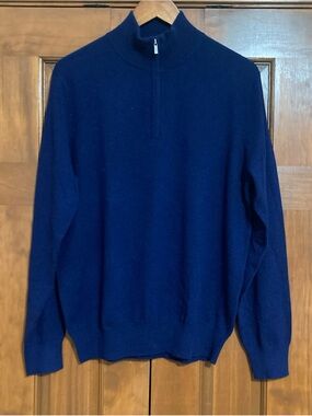 NWT State Cashmere Men's large 100% cashmere 1/4 zip Knit Pullover blue sweater